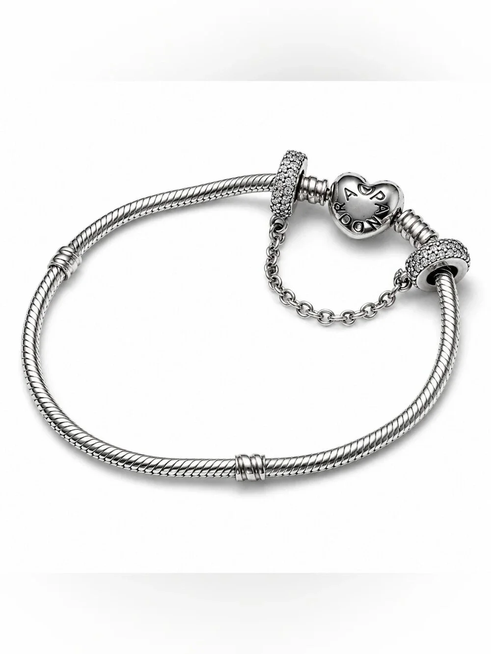 Authentic Pandora Heart Clasp Bracelet with Sparkling Pavé Safety Chain S925 ALE